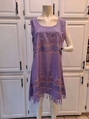 Magic Lavender Sleeveless Mini Dress Multicolor Print Coverup Tunic Fringe